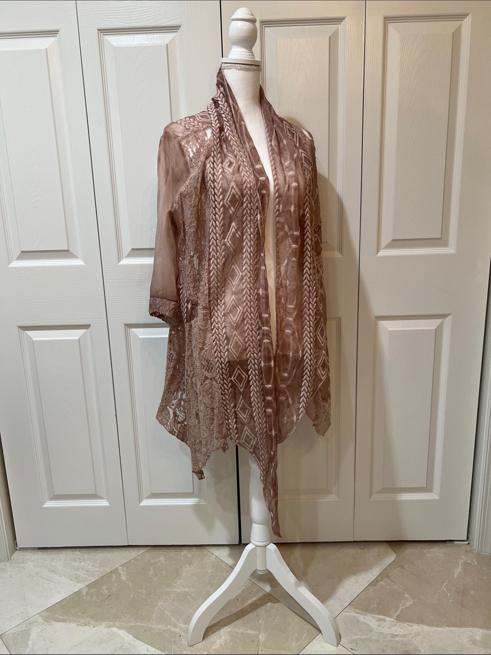 Sheer Lace & Embroidered Kimono Cardigan - Mauve